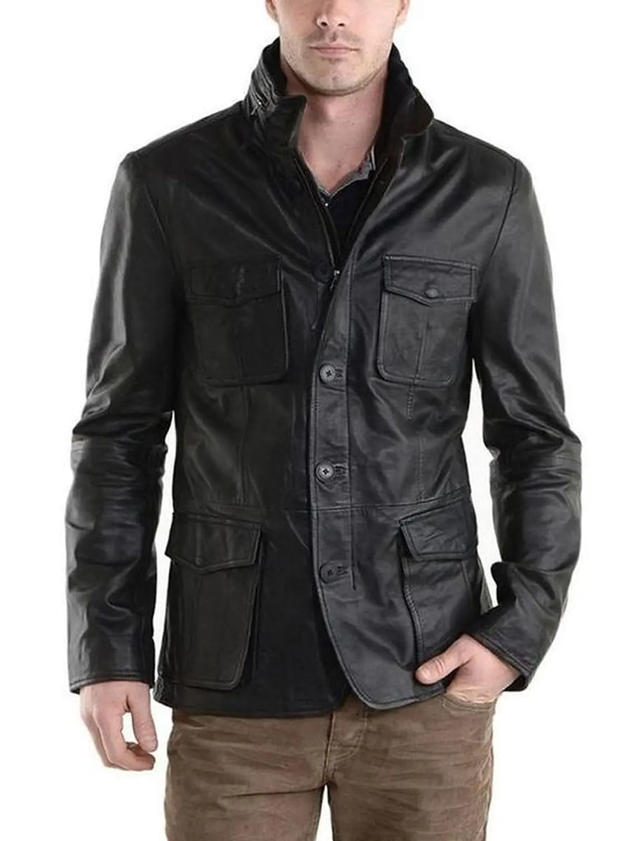 Men's Leather Jacket Distressed Black Real Lambskin Leather Coat Bomber Leather Ja