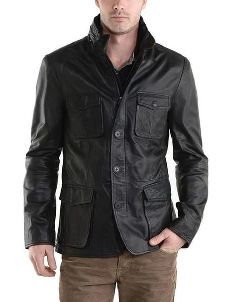 NOORA Men's Leather Jacket Distressed Black Genuine Lambskin Leather Coat Bomber Handmade Leather Ja – men's formal leather product on male model – Noora International