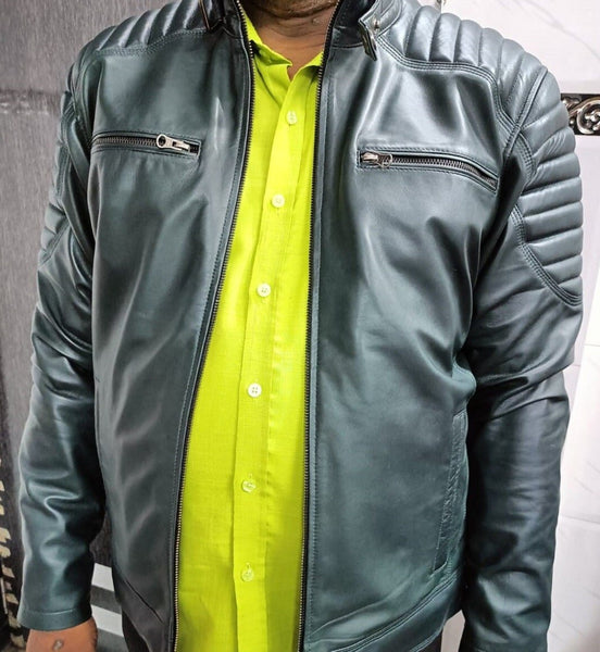 Men's Green Leather Motorcycle Jacket - Noora International