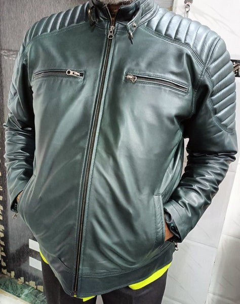 Men's Green Leather Motorcycle Jacket - Noora International