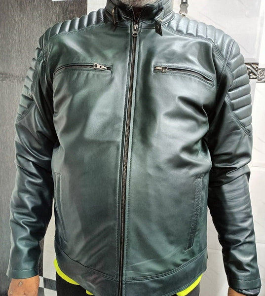 Men's Green Leather Motorcycle Jacket - Noora International