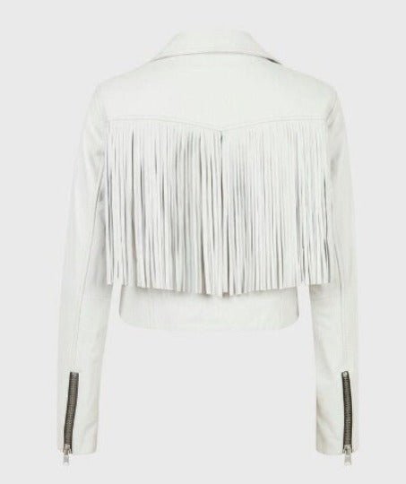 Milky WHITE Leather FRINGE Jacket with Front & Back TASSEL, Western Women Cowlady Moto Jacket - Noora International