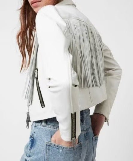 Milky WHITE Leather FRINGE Jacket with Front & Back TASSEL, Western Women Cowlady Moto Jacket - Noora International