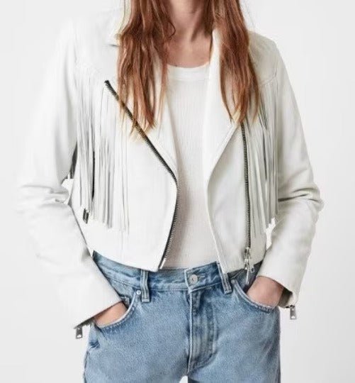 Milky WHITE Leather FRINGE Jacket with Front & Back TASSEL, Western Women Cowlady Moto Jacket - Noora International