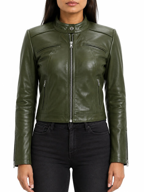 Multicolor Olive Green Brown Cropped Leather Biker Jacket Women