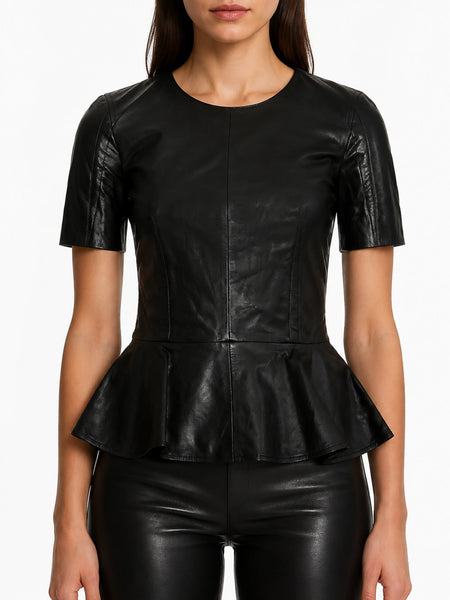 NOORA 100% Genuine Lambskin Leather HalfSleeve Cropped Sexy Top Slim-fit WA510 - standardized hero