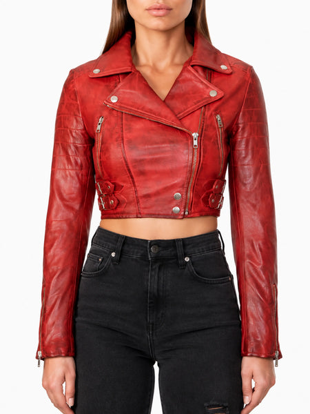 Noora Distress RED Women Leather Croppe Biker Jacket With Long Sleeve Jacket- SK160 - standardized hero
