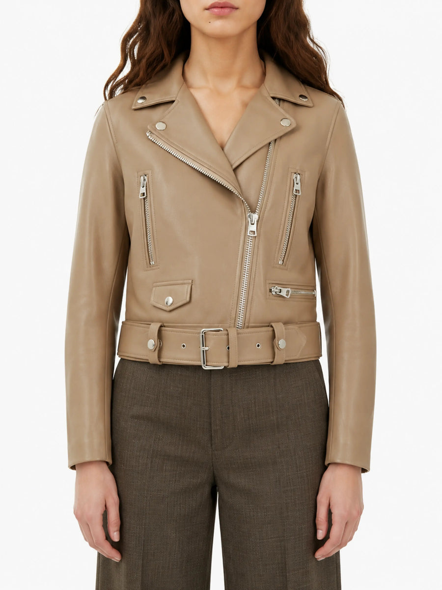 Women's Beige Lambskin Leather Short Jacket for Halloween