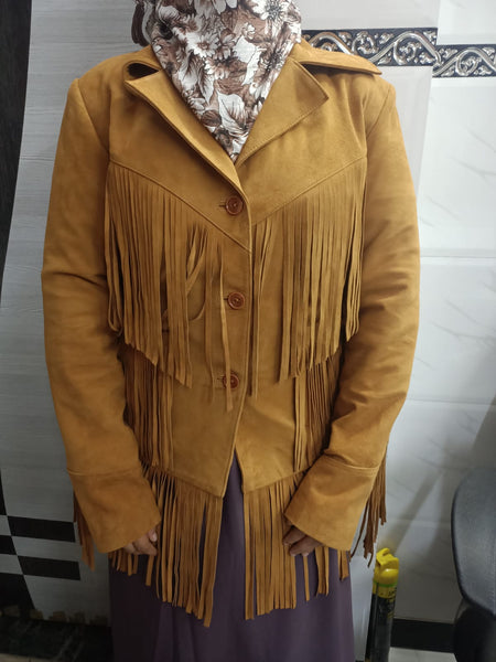 Noora Cowgirl Style Golden Tan Suede Leather Fringe Jacket for Women, Celebrity-Inspired Tassel Biker Midi Coat, Chic & Trendy Western Outerwear - Noora International