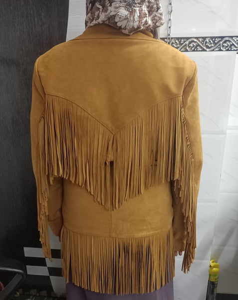 Noora Cowgirl Style Golden Tan Suede Leather Fringe Jacket for Women, Celebrity-Inspired Tassel Biker Midi Coat, Chic & Trendy Western Outerwear - Noora International