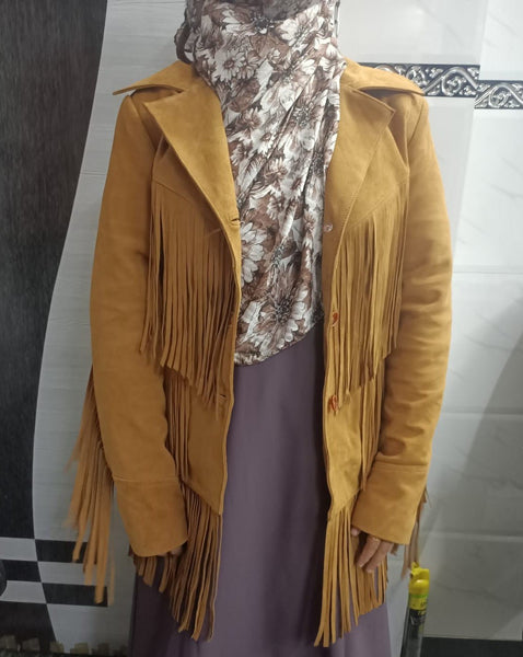 Noora Cowgirl Style Golden Tan Suede Leather Fringe Jacket for Women, Celebrity-Inspired Tassel Biker Midi Coat, Chic & Trendy Western Outerwear - Noora International