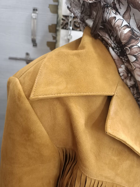 Noora Cowgirl Style Golden Tan Suede Leather Fringe Jacket for Women, Celebrity-Inspired Tassel Biker Midi Coat, Chic & Trendy Western Outerwear - Noora International