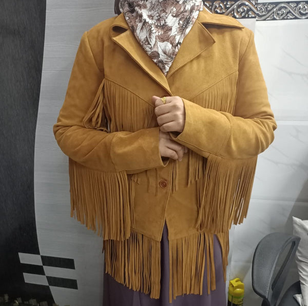 Noora Cowgirl Style Golden Tan Suede Leather Fringe Jacket for Women, Celebrity-Inspired Tassel Biker Midi Coat, Chic & Trendy Western Outerwear - Noora International