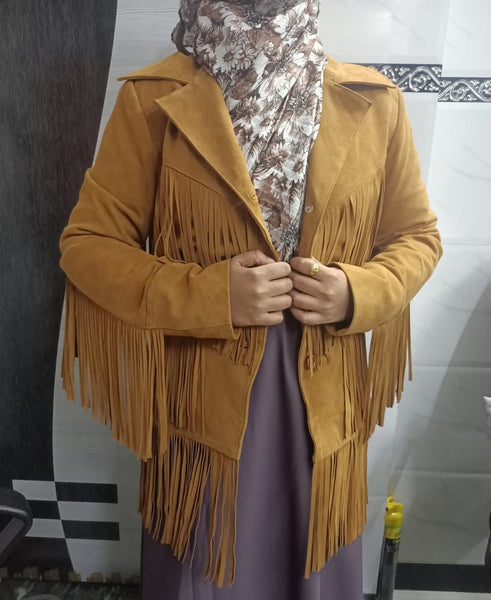 Noora Cowgirl Style Golden Tan Suede Leather Fringe Jacket for Women, Celebrity-Inspired Tassel Biker Midi Coat, Chic & Trendy Western Outerwear - Noora International