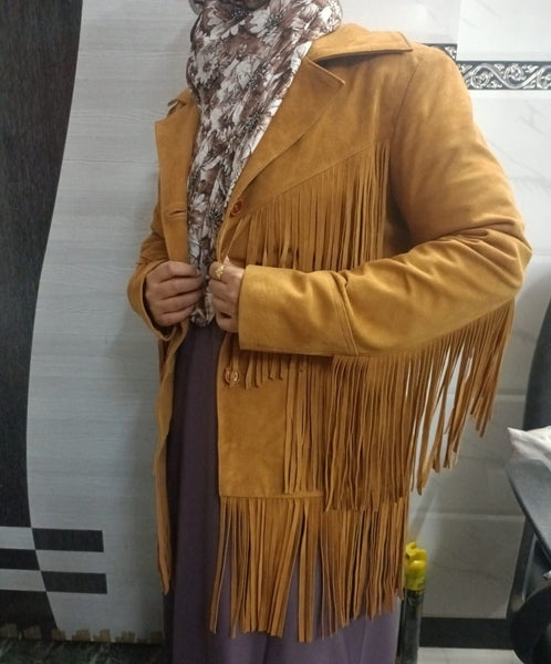 Noora Cowgirl Style Golden Tan Suede Leather Fringe Jacket for Women, Celebrity-Inspired Tassel Biker Midi Coat, Chic & Trendy Western Outerwear - Noora International