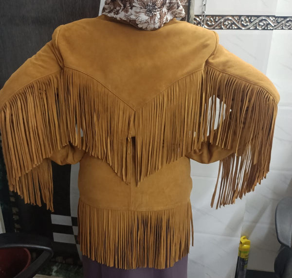 Noora Cowgirl Style Golden Tan Suede Leather Fringe Jacket for Women, Celebrity-Inspired Tassel Biker Midi Coat, Chic & Trendy Western Outerwear - Noora International