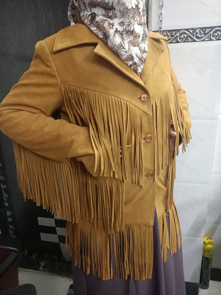 Noora Cowgirl Style Golden Tan Suede Leather Fringe Jacket for Women, Celebrity-Inspired Tassel Biker Midi Coat, Chic & Trendy Western Outerwear - Noora International
