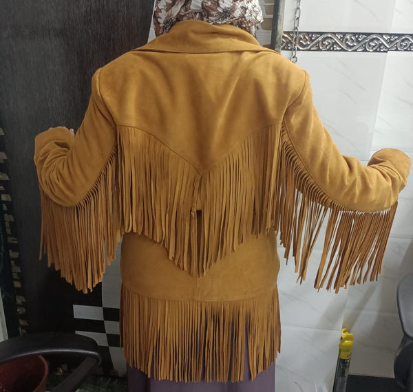 Noora Cowgirl Style Golden Tan Suede Leather Fringe Jacket for Women, Celebrity-Inspired Tassel Biker Midi Coat, Chic & Trendy Western Outerwear - Noora International