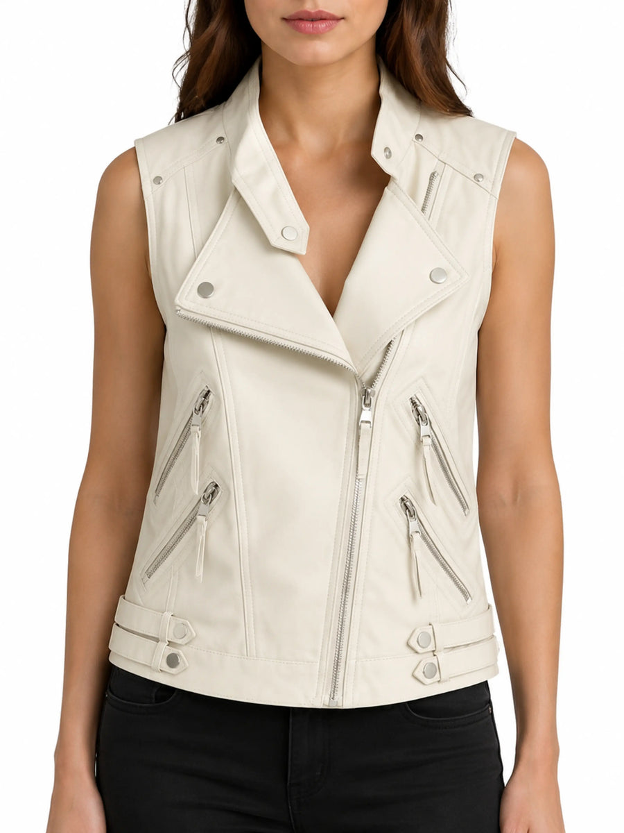 Creamy Leather Vestcoat, LambSkin Jacket, Biker jacket, Moto jacket, Vestwool Coat
