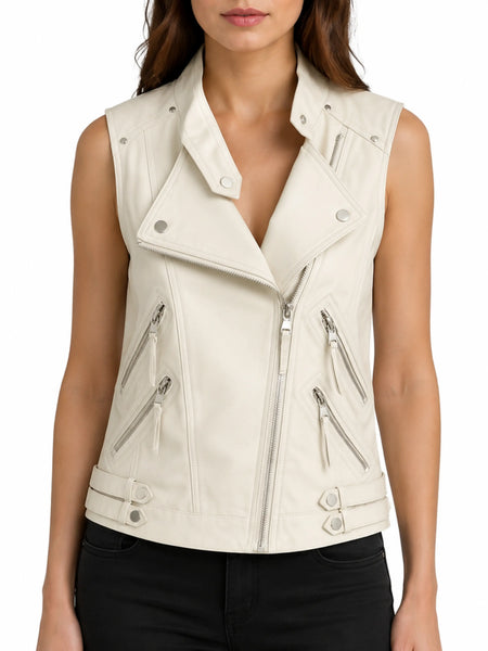 NOORA CREAMY Leather VESTCOAT| LambSkin Jacket, Biker jacket, Moto jacket,Vestwool Coat, SJ508 - standardized hero