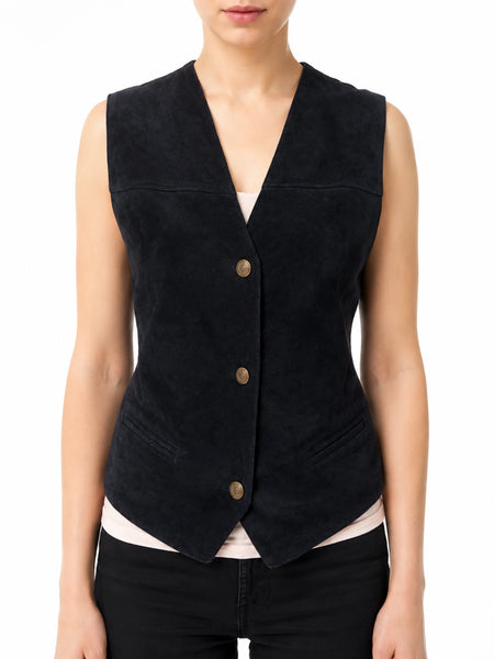 Noora Cusr New Women's & Ladies Black Color Suede Vest coat , Women Sleeveless Coat THREE BUTTON Waistcoat Motorcycle Vest Coat Sb258 - standardized hero