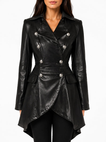 NOORA Black Leather Trench Coat Women's Long Overcoat Winter Jacket ,Designer Trench Coat, Celebrity Coat -Sj506 - standardized hero