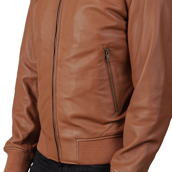 Noora Genuine Men's Lambskin TAN Bomber Leather Jacket Cafe Racer Riding Jacket With Zipper & Pocket - Noora International