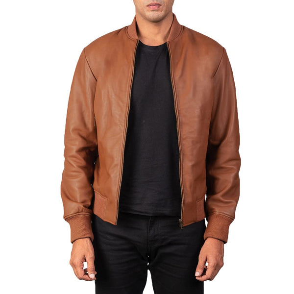 Noora Genuine Men's Lambskin TAN Bomber Leather Jacket Cafe Racer Riding Jacket With Zipper & Pocket - Noora International