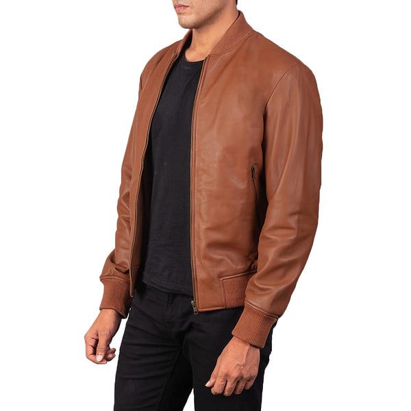 Noora Genuine Men's Lambskin TAN Bomber Leather Jacket Cafe Racer Riding Jacket With Zipper & Pocket - Noora International