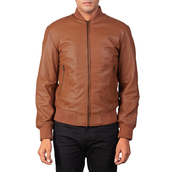 Noora Genuine Men's Lambskin TAN Bomber Leather Jacket Cafe Racer Riding Jacket With Zipper & Pocket - Noora International