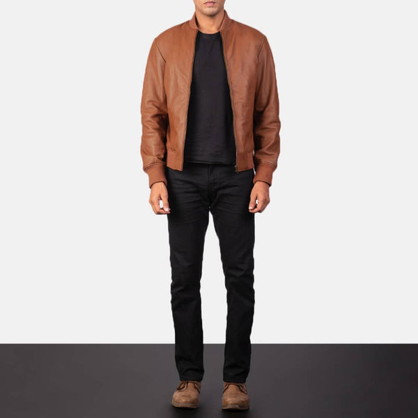 Noora Genuine Men's Lambskin TAN Bomber Leather Jacket Cafe Racer Riding Jacket With Zipper & Pocket - Noora International