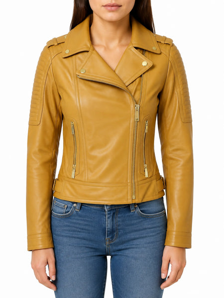 Noora Gorgeous Designer Slim Fit Lambskin Hot Beige Leather Jacket Modern Jacket QD24 - standardized hero