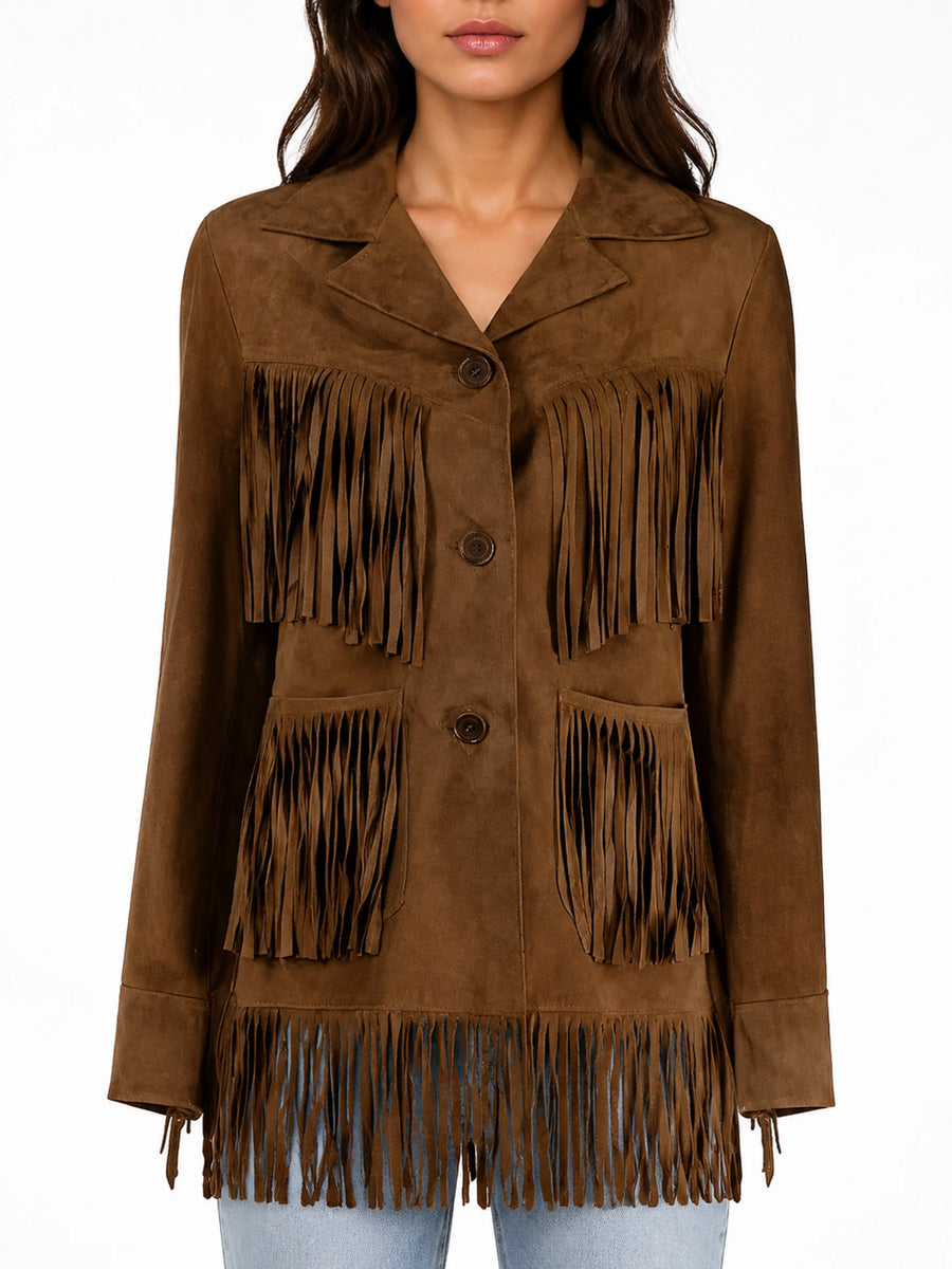 Gorgeous Women Brown Suede Leather Jacket with Fringe Western Style Cow girl Midi Coat YK
