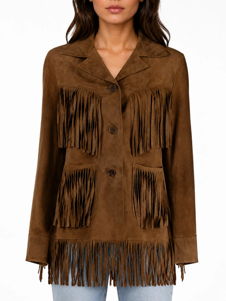 Noora Gorgeous Women Brown Suede Leather Jacket with Fringe Western Style Cow girl Midi Coat  YK - standardized hero