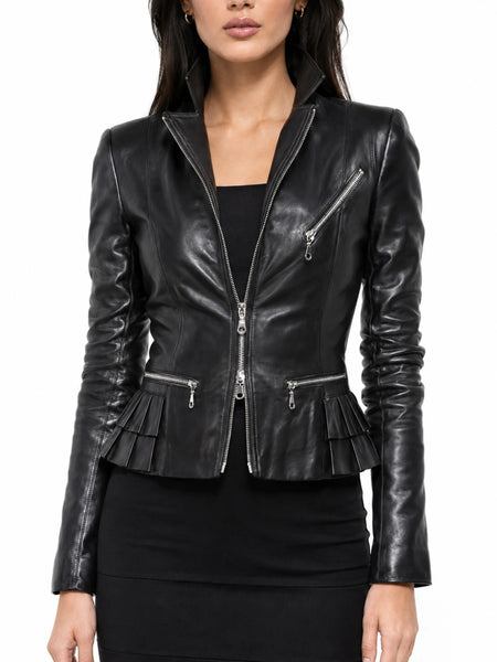 NOORA HOT Women's Real Soft Lambskin Leather Black Motorcycle Biker Jacket WA175 - standardized hero