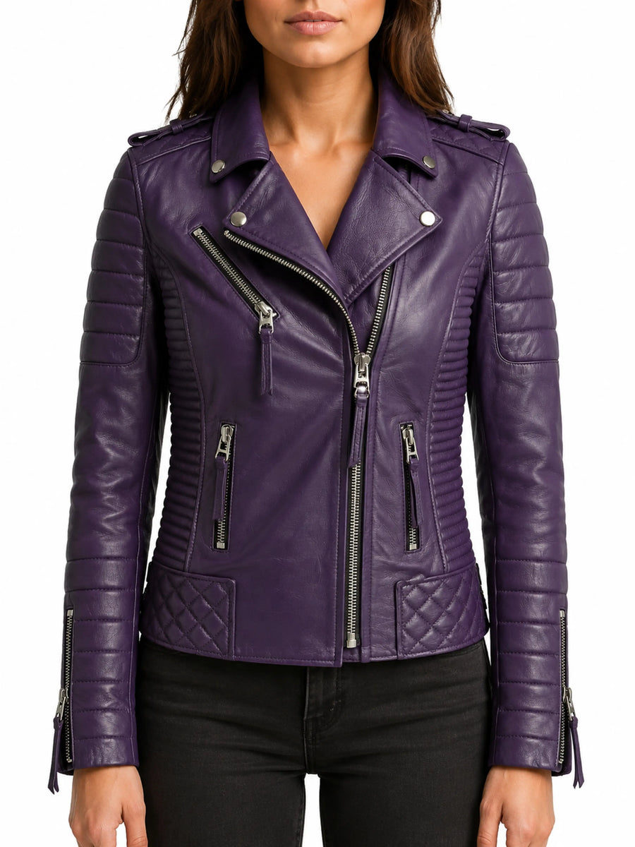 Infinity Classic Brando Women's Purple Leather Motorcycle Biker Jacket