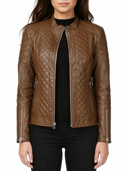 NOORA Ladies Brando Real 100% Lambskin Brown Quilted Biker Leather Jacket RS258