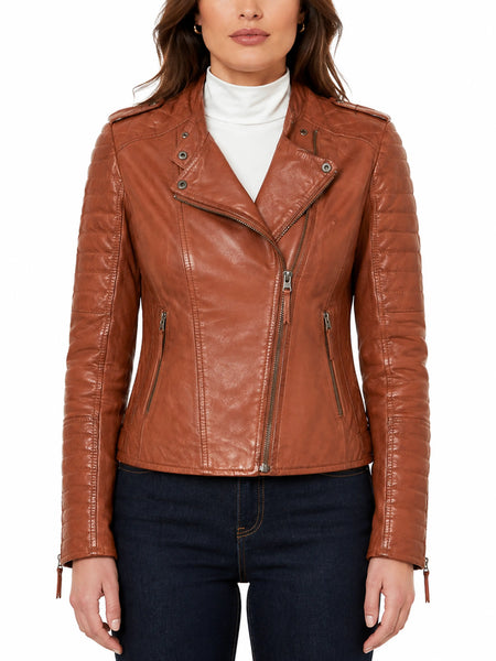 NOORA Ladies Brick tan Colour Jacket  ,Cross Quilted Leather Jacket With Pocket & Multi Zip Biker Jacket ,Leather Jacket,Short Collar Jacket