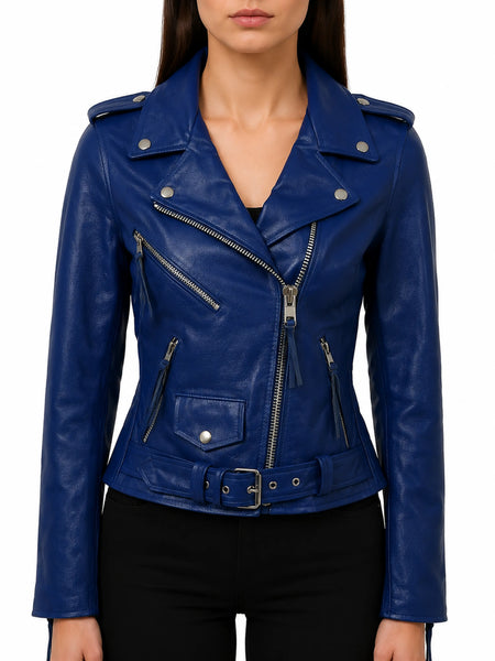 NOORA Ladies Leather Jacket Blue Classic Biker Style REAL LEATHER NI-085
