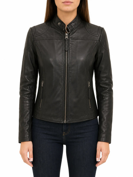 NOORA Ladies Real Leather Fitted Smart Short Zipped Black Biker Jacket PA3