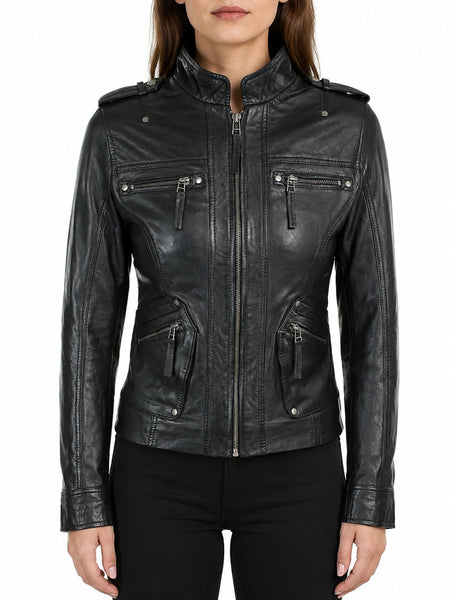 NOORA Ladies Women Genuine Real Leather Slim Fit Balck Biker Jacket BS-120