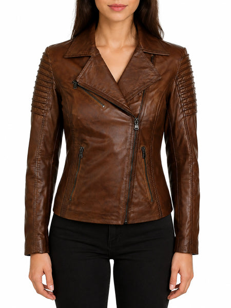 NOORA Ladies Women Genuine Real Leather Slim Fit Brown Biker Jacket