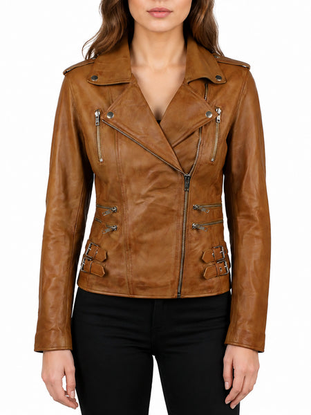 NOORA Ladies Women Leather Slim Fit Buckle Retro Tan Biker Leather Jacket BS-118