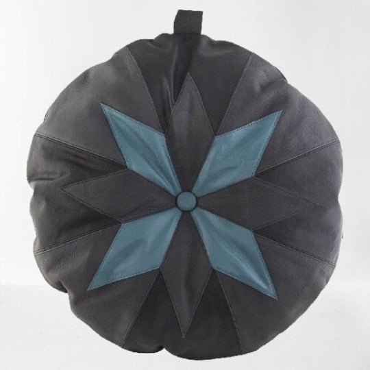 Noora Lambskin BLACK GREY and BLUE Leather Round Colour-block Round Cushion Cover| Circle Art Deco Pillow| RTS28 - Noora International