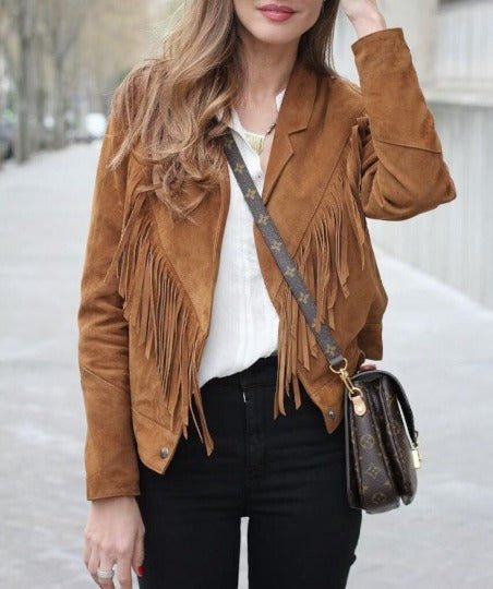Noora Lambskin BROWN FRINGE Suede Jacket Fr Women | Western Style COWGIRL Tassel Suede Leather Jacket - Noora International