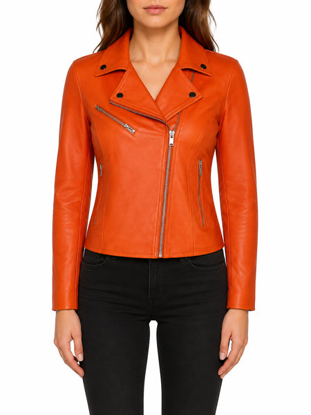 NOORA Lambskin Leather Orange Biker Jacket For Women | Motorcycle leather Jacket | Designer Made Jacket With Zipper