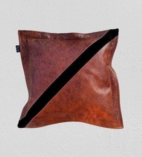 Noora Lambskin Leather SQUARE Antique Brown Pillow Cover|Black Stripe Decorative Throw Covers for House| RTS31 - Noora International
