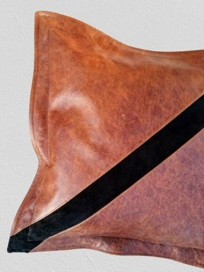 Noora Lambskin Leather SQUARE Antique Brown Pillow Cover|Black Stripe Decorative Throw Covers for House| RTS31 - Noora International