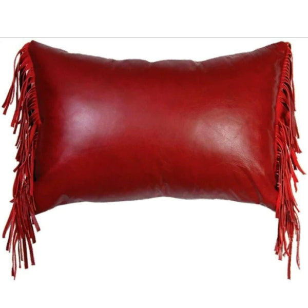 Noora Lambskin Red Leather Cushion Cover, Rectangular Tassel Throw Pillow Covers Fringe Sofa Couch Lumbar Cover - Noora International