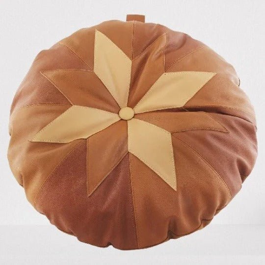 Noora Lambskin TAN Leather ROUND Handmade Cushion Cover, COLOURBLOCK Cushion Cover | Circle Art Deco Leather Pillow | Dorm Decor Throw Cover | RTS47 - Noora International